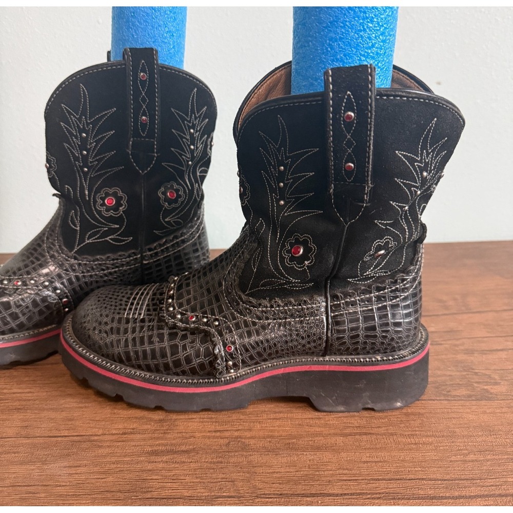 ARIAT Fatbaby Gem Baby Rhinestone Croc Leather Boots Sz 8.5 Black Red 16405